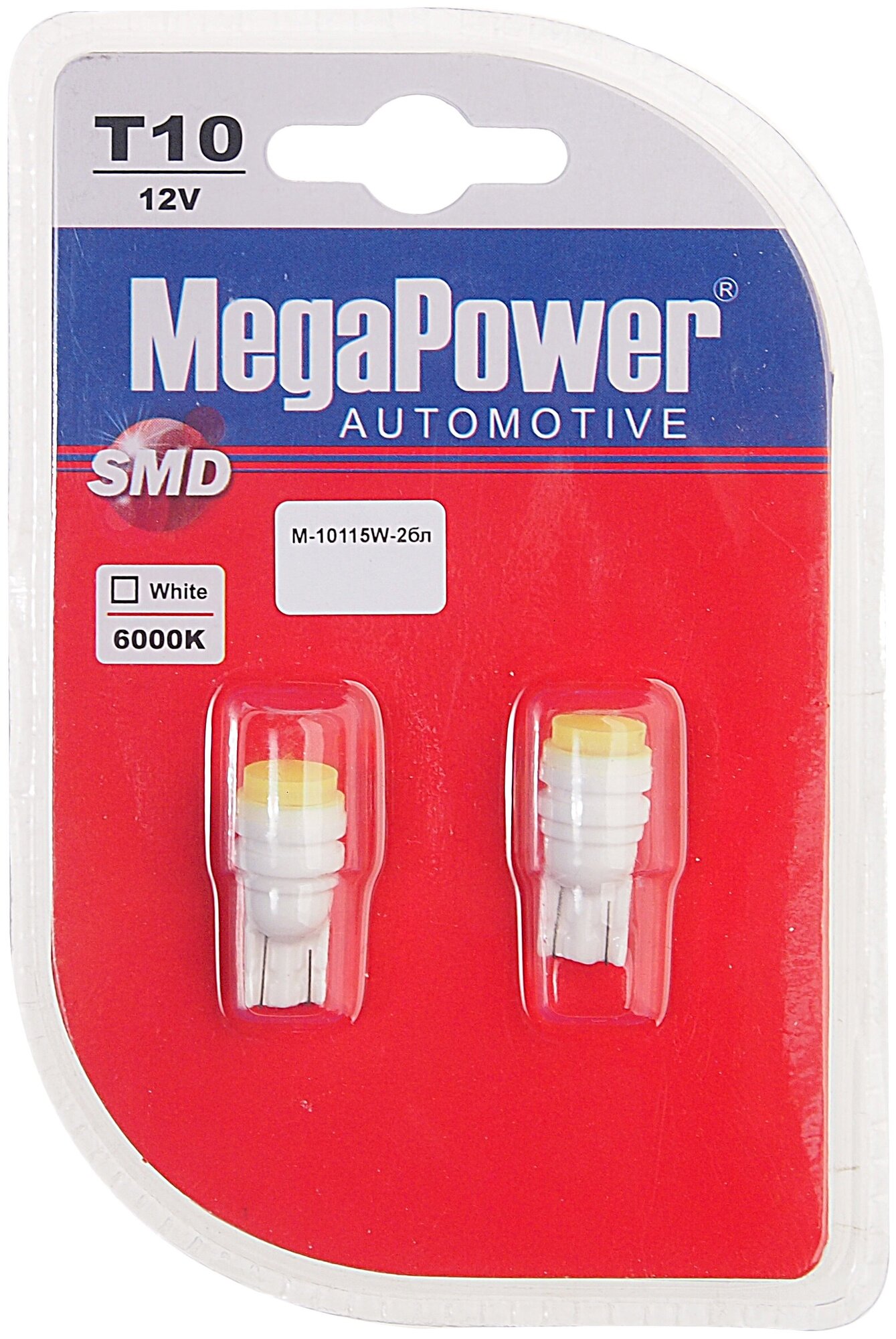 Автолампа T10W (W21x95d) CERAMIC 1 SMD WHITE блистер (2 шт) 6000K 55лм 12V MEGAPOWER /1 /50