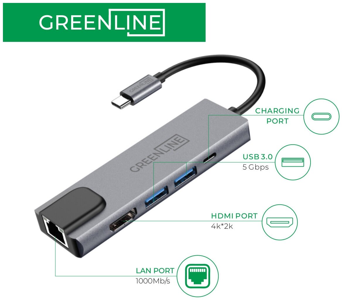 USB Type C Hub + Ethernet 1000 адаптер Green Line "5 в 1" HDMI 4K/RJ-45/2xUSB 3.0!!!/Type-C Power алюминивый корпус