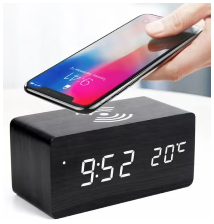 Часы светодиодные с функцией беспроводной зарядки для телефона, будильник, термометр.