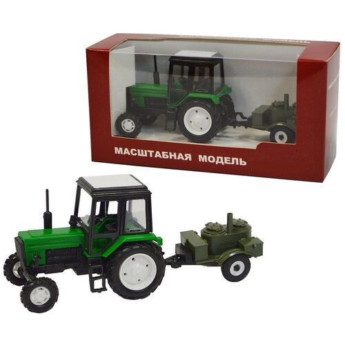 машинка спецтехника трактор с прицепом 1 шт Коллекционная модель, Трактор МТЗ-82, с прицепом, зеленый, Машинка детская, игрушки для мальчиков, вращение колес, 1:43