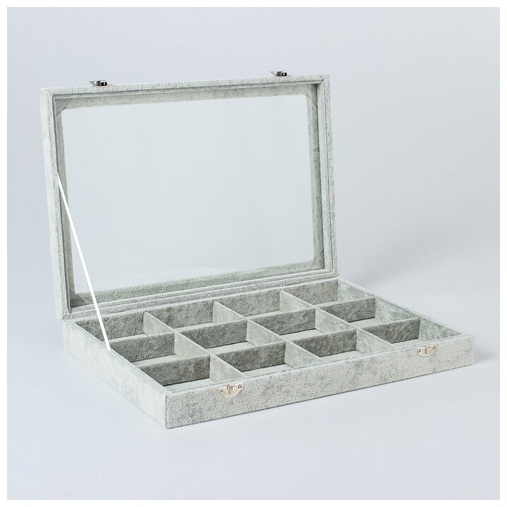 фото Подставка для украшений "Шкатулка" 12 ячеек, 35*24*4,5, стеклянная крышка, цвет серый