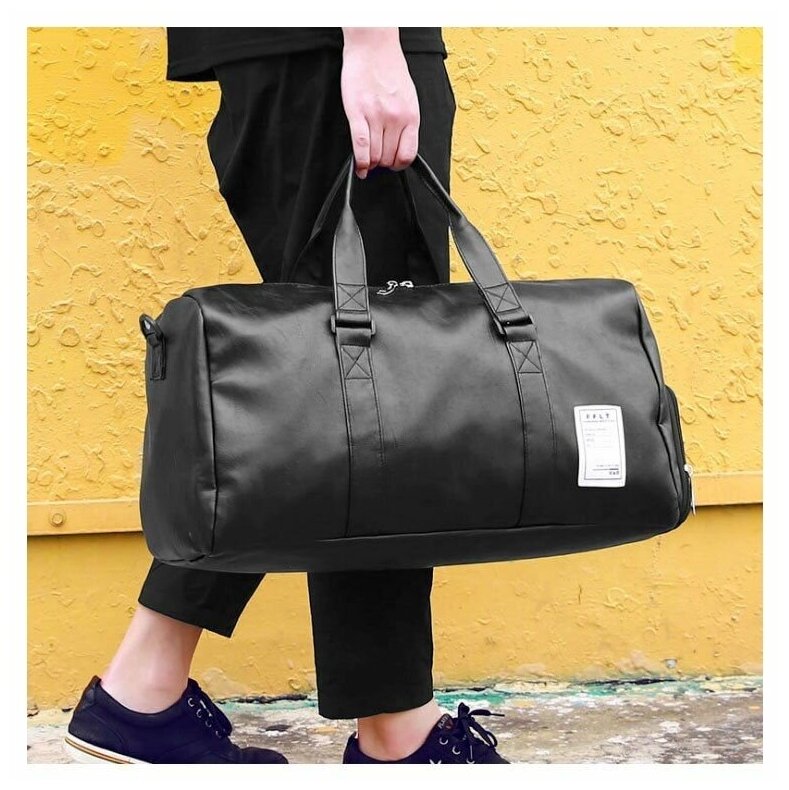 Спортивная сумка (кожаная с отделением для обуви), черная. - фотография № 5