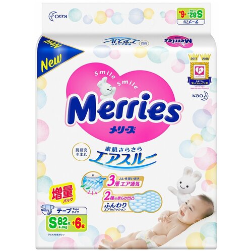 фото Подгузники merries s 4-8кг 82+6шт