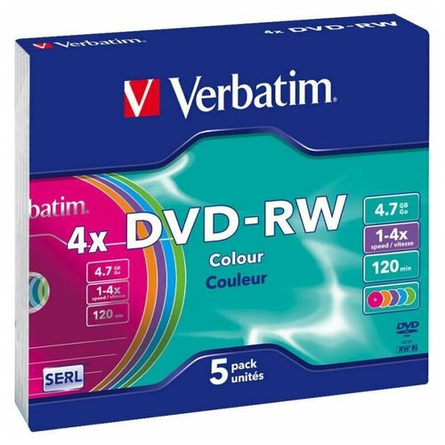 фото Диск dvd-rw verbatim 4.7gb 4x slim case (5 штук), color (43563)