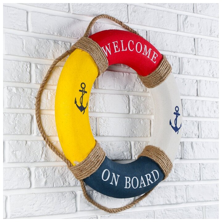Спасательный круг с бечевкой "welcome on board", якори, 7x50x50 см, разноцветный - фотография № 2