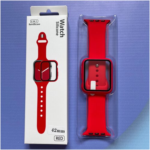 Ремешок для Apple Watch 1-7 42 мм силиконовый эластичный Красный / Защитное стекло на Apple Watch 1-7 42 мм защитное стекло часов uv комплект для apple watch 7 45 мм клей лампа 1 шт
