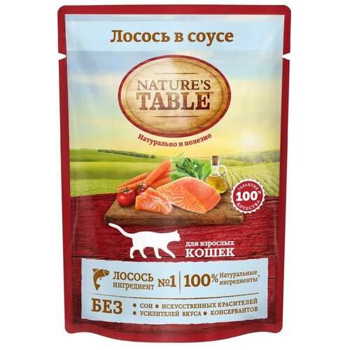 корм для кошек Nature's Table с лососем 85 г (кусочки в соусе) корм для кошек nature s table индейка в соусе пауч 85г