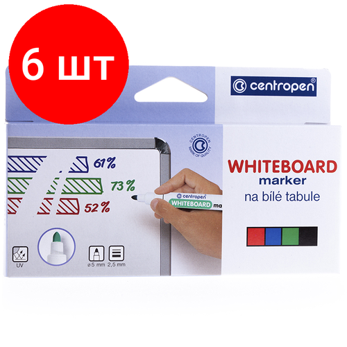 Комплект 6 шт, Набор маркеров для белых досок Centropen 8559 04цв, пулевидный, 2.5мм, картон. уп, европодвес