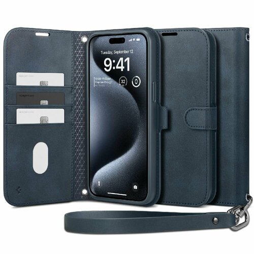 фото Чехол spigen на apple iphone 15 pro max (acs06606) wallet s pro / спиген чехол для айфон 15 про макс книжка, противоударный, с защитой камеры, синий