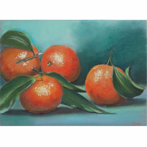 Авторская картина на стену Спелые мандарины на зеленом фоне 32х23 см 4077₽