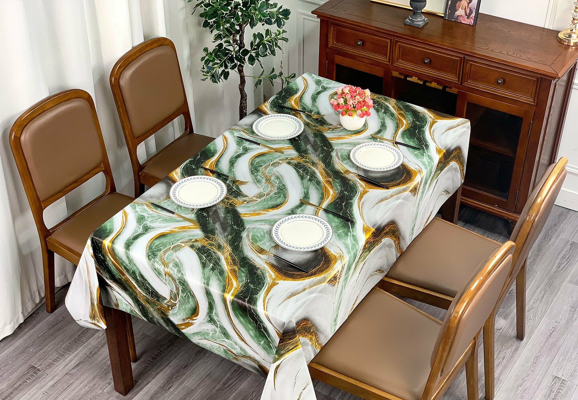 Скатерть-клеенка кухонная, ткань с ПВХ покрытием 137х110 см, принт Зеленый мрамор