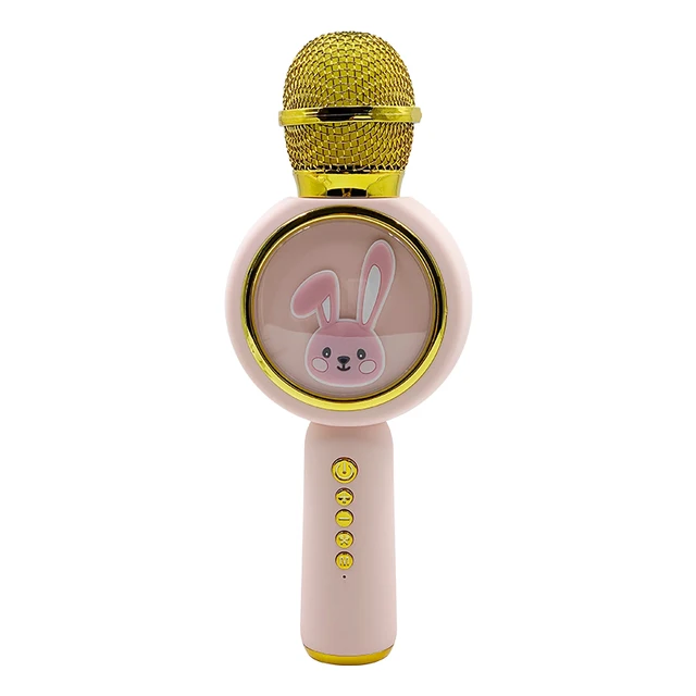 Микрофон караоке детский беспроводной, розовый зайка