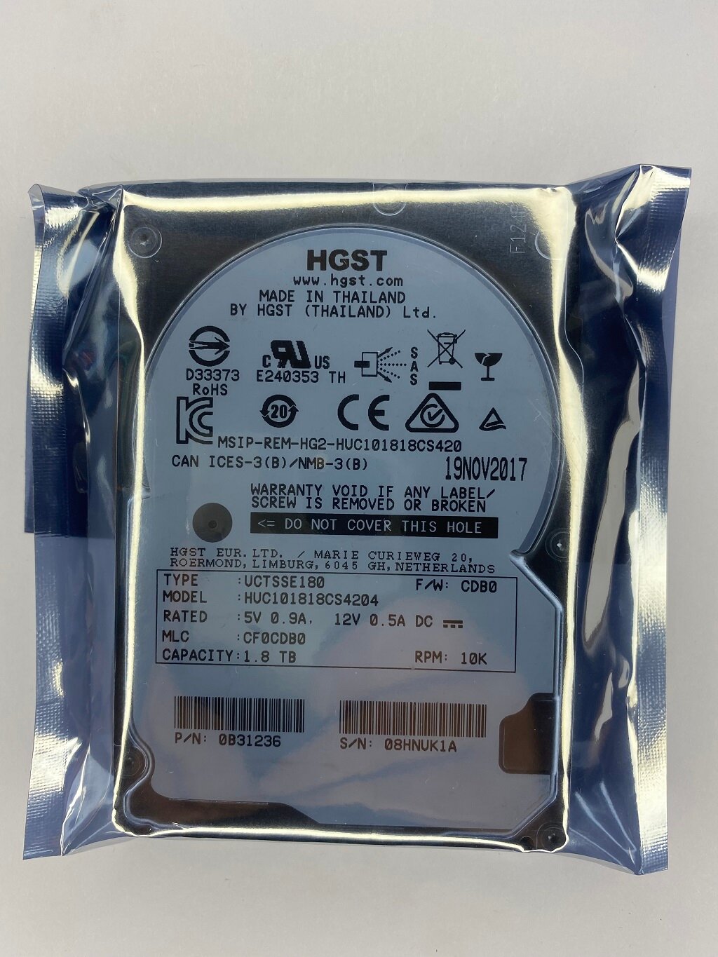 Серверные комплектующие Hitachi Жесткий диск HGST Hitachi 1.8TB SAS HDD PN: 0B31236 MODEL: HUC101818CS4204