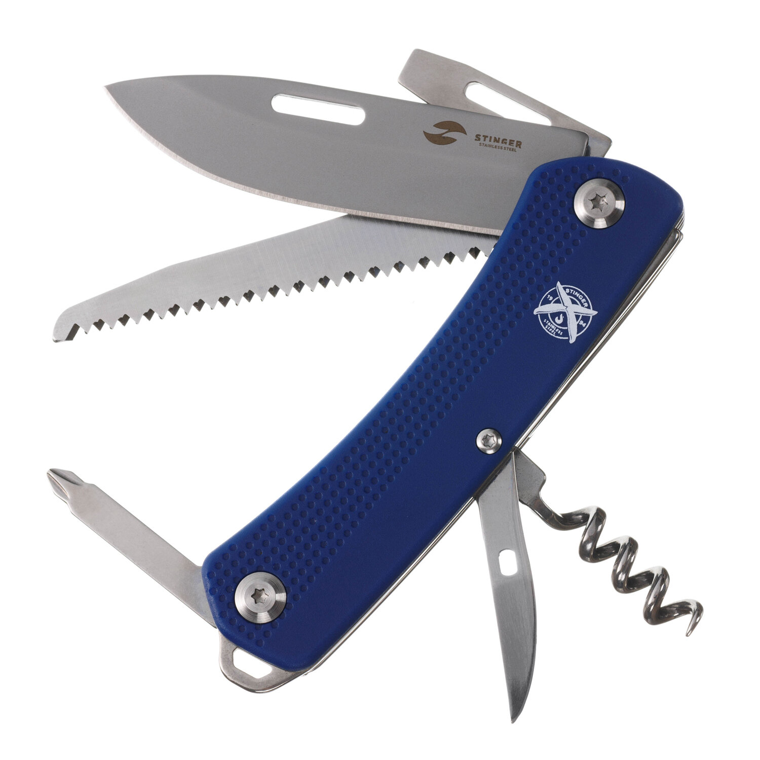 Нож складной Stinger, 103 мм, 10 функций, нержавеющая сталь, рукоять из синего АБС-пластика, в картонной коробке FK-GHK3P-06