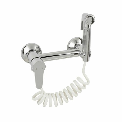 Смеситель с гигиеническим душем для биде хром с белым пружинным шлангом