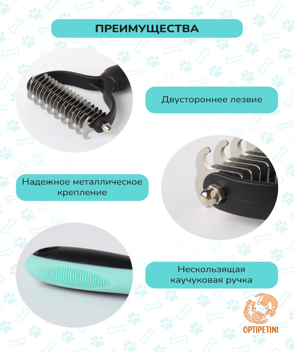 Колтунорез - дешеддер для вычесывания шерсти 17 зубцов, расческа для кошек и собак L, Голубой — фото 1