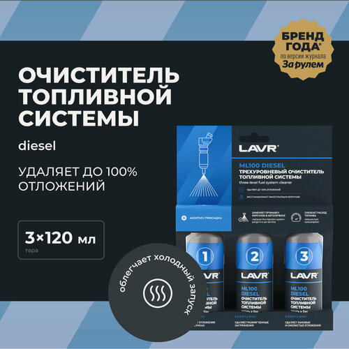 Изображение товара Трехуровневая очистка топливной системы ML100 присадка в дизель LAVR, 3×120 мл / Ln2138