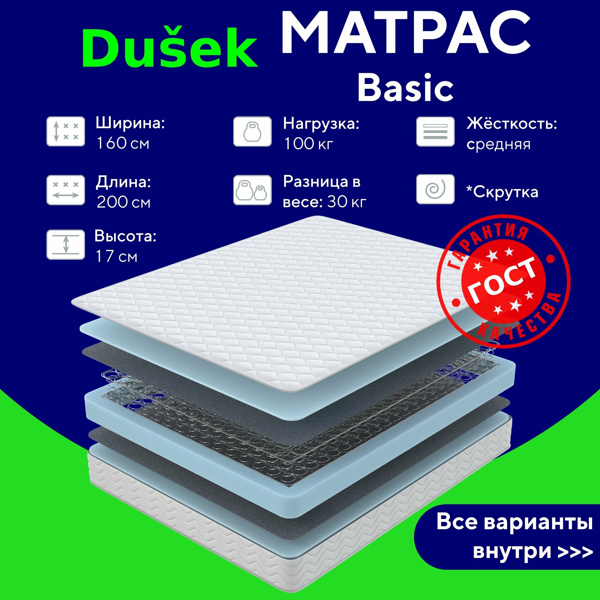 Двуспальный матрас 160х200 DUŠEK Basic M ортопедический эффект мягкий с блоком зависимых пружин