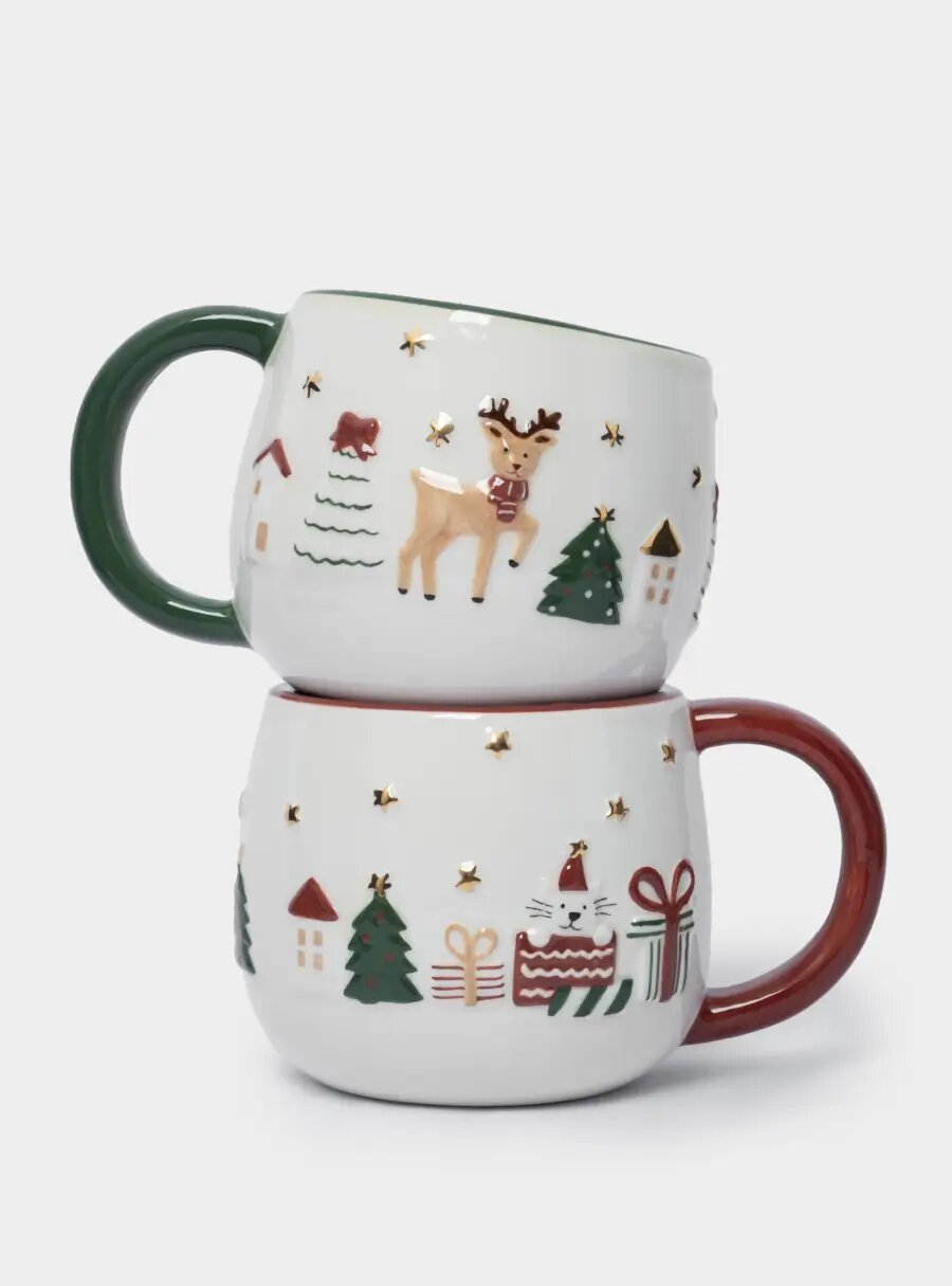 Кружка 400 мл 2 шт керамика зеленая/красная Олень и Кот New year