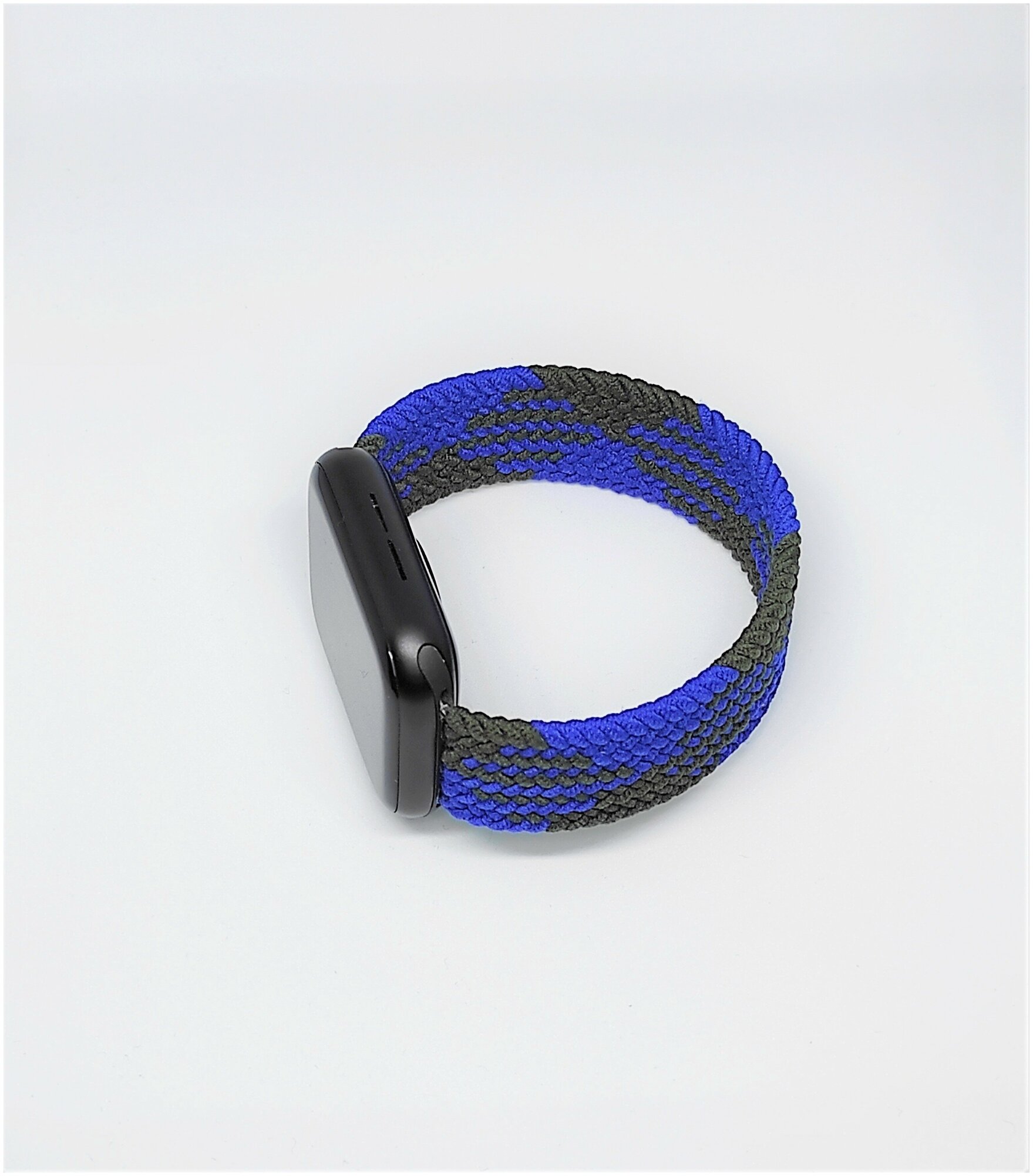 Плетеный эластичный ремешок для смарт часов Apple Watch Series 1 2 3 4 5 6 и SE 38-40mm / (L ) 145mm. Тканевый сине-чёрный браслет