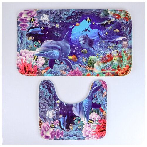 фото Набор ковриков для ванны и туалета 2 шт 40х45. 45х75 см "морское дно" 2989787 доляна