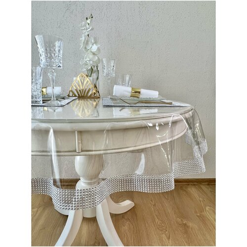 Скатерть силиконовая Pro.Decor, круг 110 см, серебристая, гибкое стекло, клеенка, пленка ПВХ/ Скатерть для дома, кухни, гостиной, столовой/