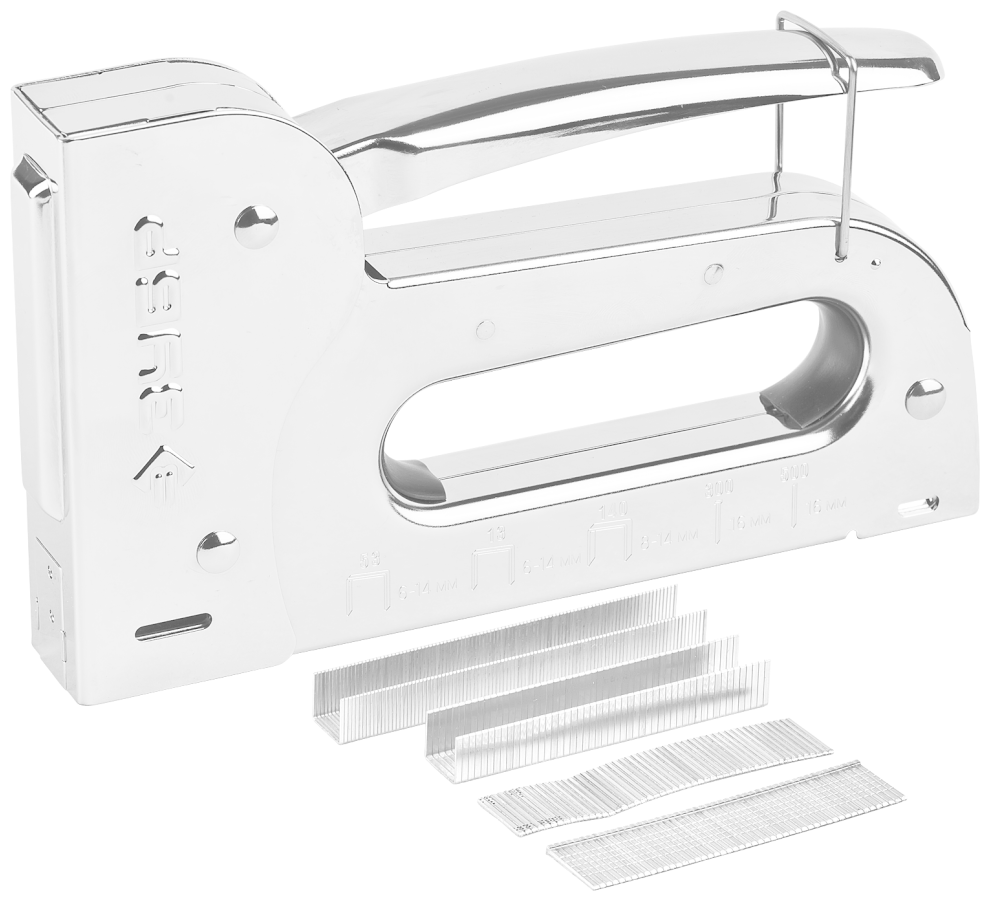 Степлер для скоб "Универсал 14" 6- в-1: тип 53 (6-14 мм) / 140 (8-14 мм) / 53F (8-14 мм) / 13 (6-14 мм) / 300 (16 мм) 500 (16 мм) ЗУБР Профессионал