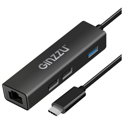 Адаптер Ginzzu GR-762UB USB Type-C - USB 3.0/2xUSB 2.0/RJ45 Black 17425