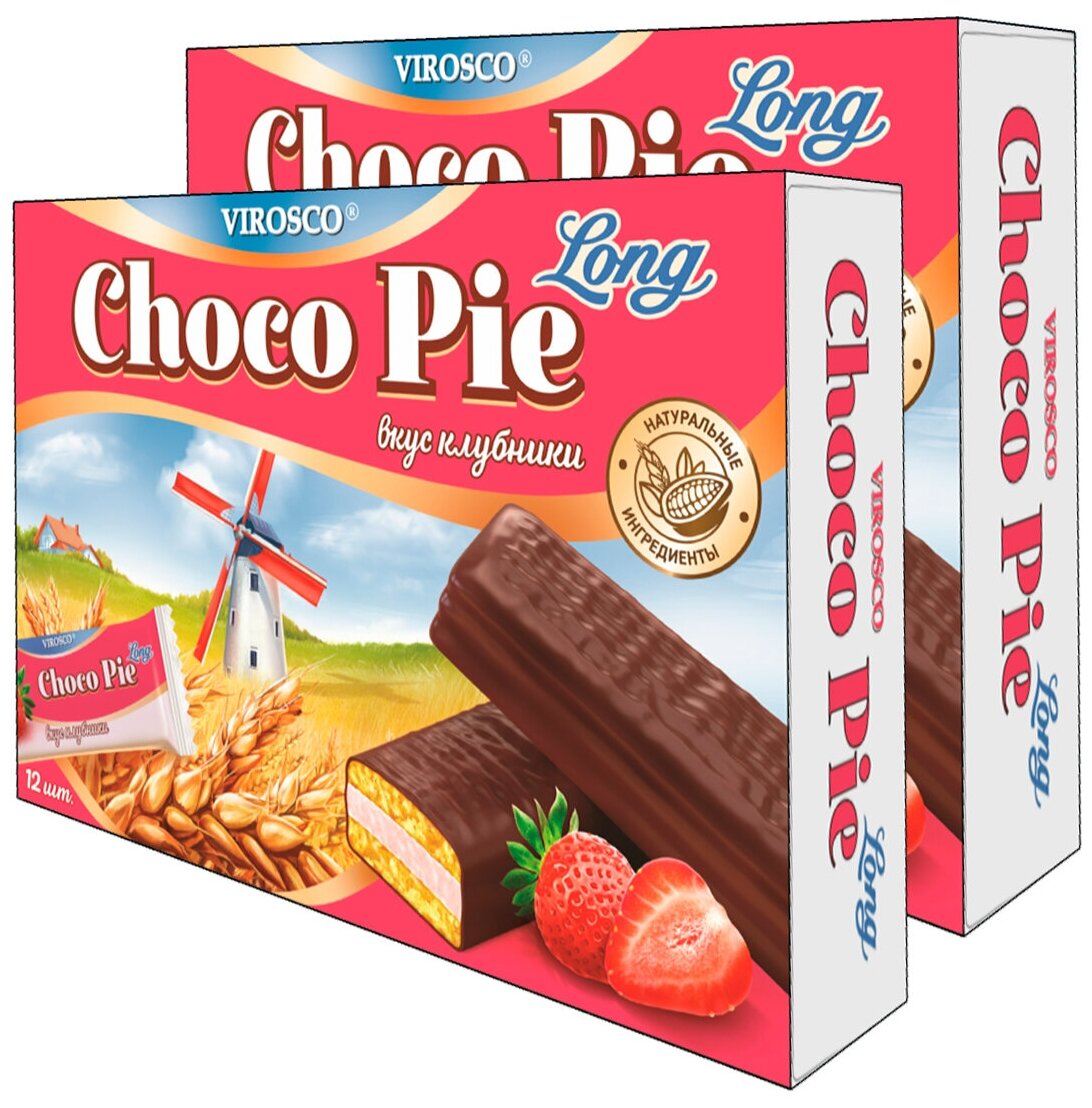 Печенье Choko Pie LONG со вкусом клубники Virosco, 216 г (12 шт х 18 г) х 2 шт