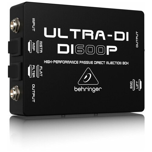 Behringer DI600P Пассивный DI-box с согласованием импеданса для прямого подключения инструментов/ выходов усилителей к микшеру и преобразованием сигнала от несимметричного звукового источника в симметричный микрофонного уровня (ослабление -20 дБ, плю