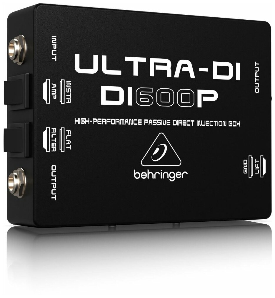 Behringer DI600P Пассивный DI-box с согласованием импеданса для прямого подключения инструментов/ выходов усилителей к микшеру и преобразованием сигнала от несимметричного звукового источника в симметричный микрофонного уровня (ослабление -20 дБ плю