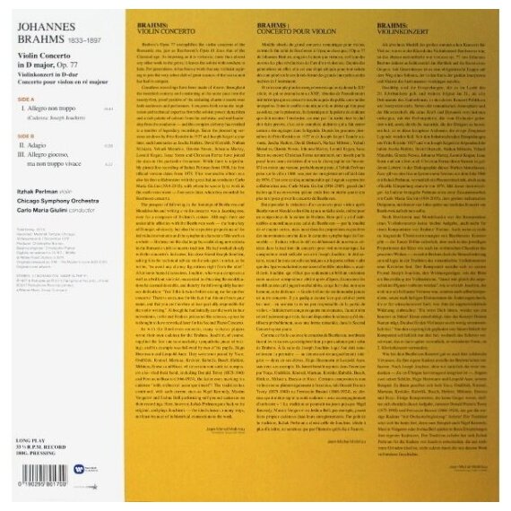 Виниловая пластинка Itzhak Perlman, Carlo Maria Giulini, Chicago Symphony Orchestra BRAHMS: VIOLIN CONCERTO Warner Music - фото №2