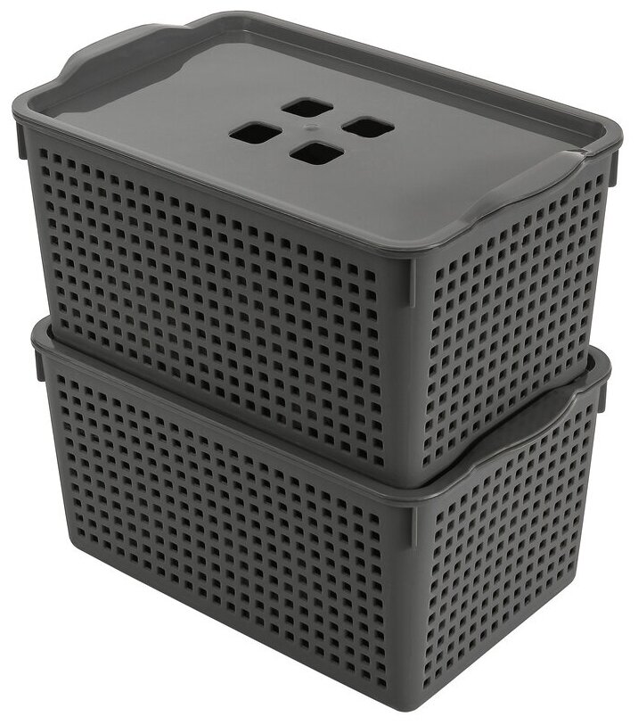 Корзина для хранения Лофт 5,3л с крышкой 2 шт / контейнер / хозяйственная коробка, цвет серый