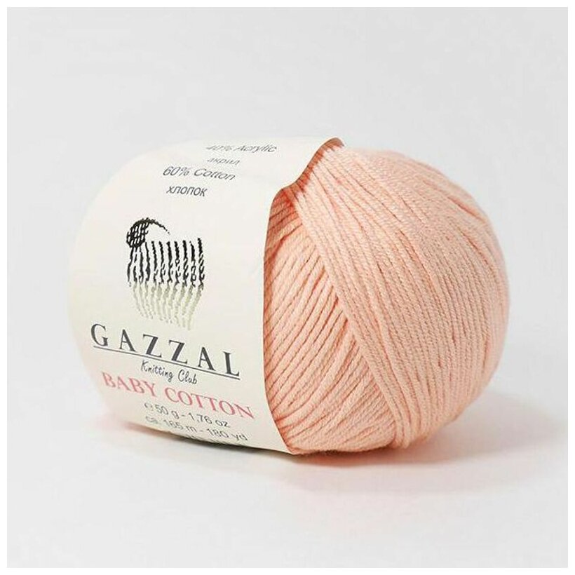 Пряжа Gazzal Baby Cotton (Газзал Беби Коттон) - 1 моток Персиковый (3412) 60% хлопок, 40% акрил 165м/50г