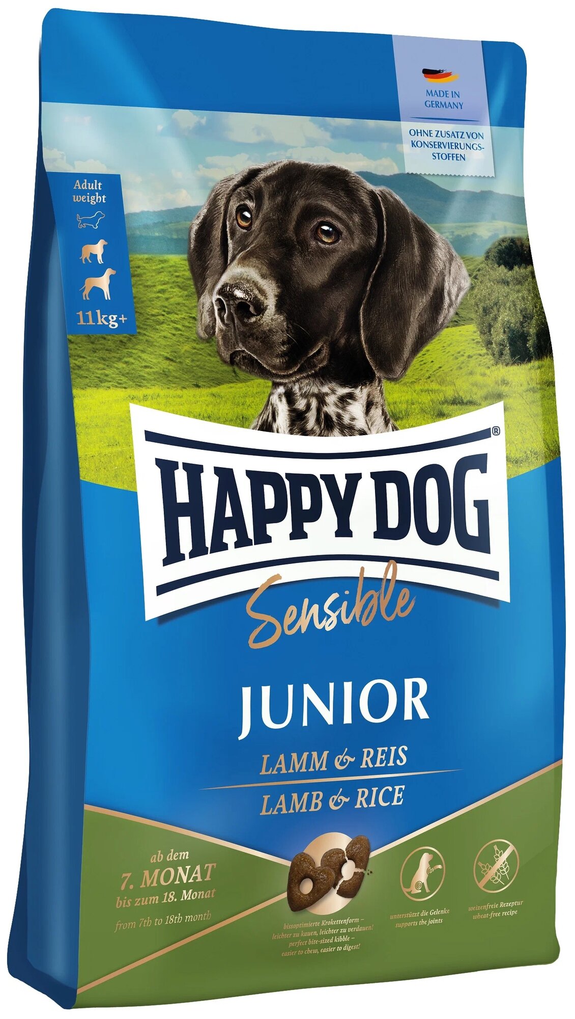 Сухой корм для щенков Happy Dog Sensible Junior, для здоровья костей и суставов, ягненок, с рисом 4 кг (для средних и крупных пород) - фотография № 1