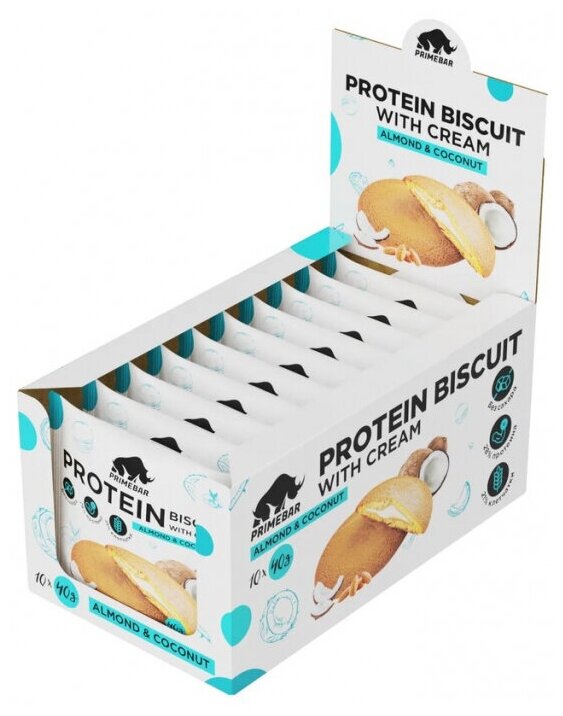 Протеиновое печенье PRIMEBAR PROTEIN BISCUIT, 10 шт*40 гр, вкус: кокос и миндаль