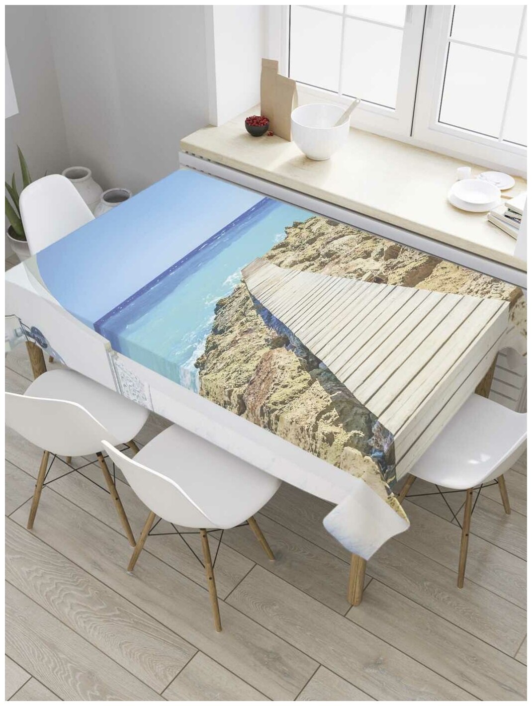 Скатерть прямоугольная JoyArty на кухонный стол "Арка на побережье" из оксфорда, 120x145 см