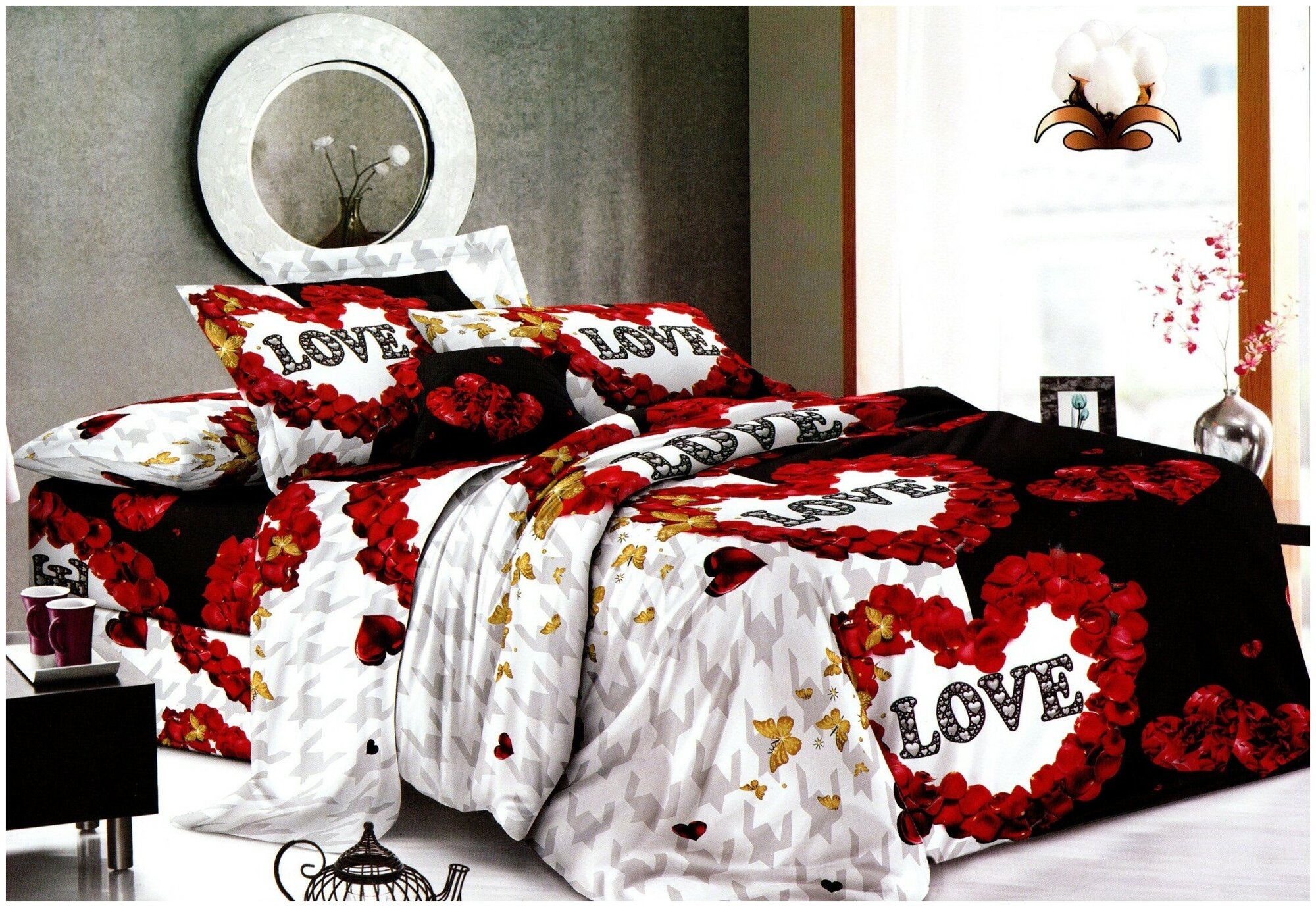 Комплект постельного белья, Cheery home, полисатин, 1,5 спальный с 2 наволочками 70*70, Лепестки роз.