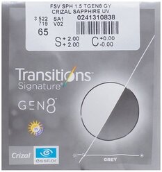 Линза для очков ESSILOR Orma Transitions Gen 8 Crizal Sapphire , 1.50, d 70 мм, -0.25, grey