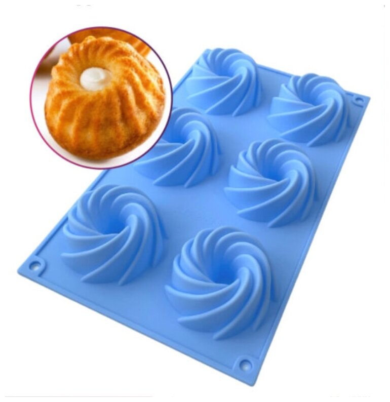 Силиконовая форма для выпечки кексов 6 ячеек голубой