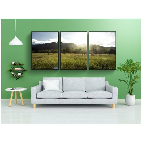 фото Набор модулных постеров для интерьера "травянистое поле, зеленое поле, солнечное пятно" 60x90 см. в тубусе, без рамки lotsprints