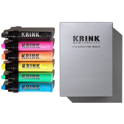 Подарочный набор акриловых флуоресцентных маркеров для теггинга и дизайна Krink K-55 (голубой, зеленый, желтый, оранжевый, розовый, черный) 15 мм 6 шт