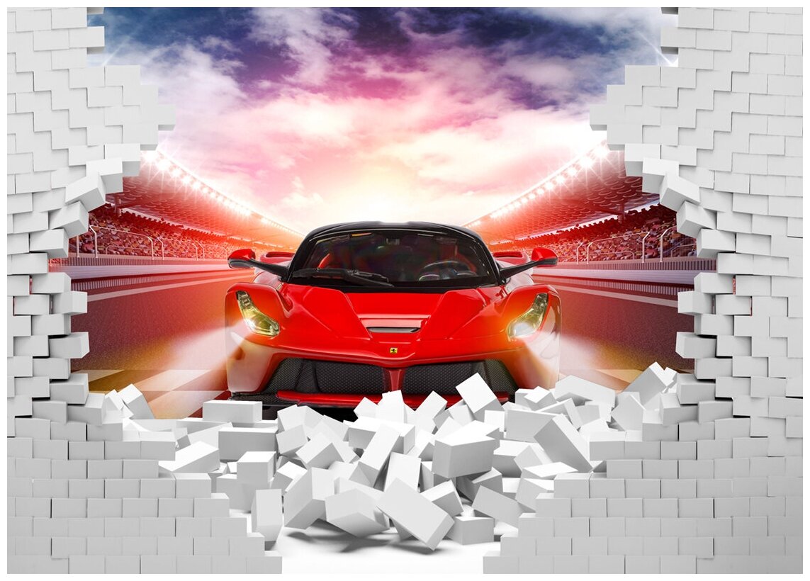 Красный Ferrari сквозь стену 3D - Виниловые фотообои, (315х225 см)