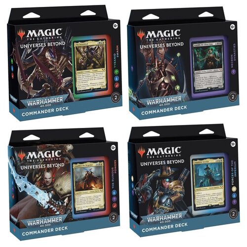 коллекционный бустер magic the gathering выпуска adventures in the forgotten realms на английском языке Настольная игра MTG Warhammer 40k Commander Deck - Набор из 4х колод: Tyranid Swarm, Necron Dynasties, The Ruinous Powers, Forces of the Imperium