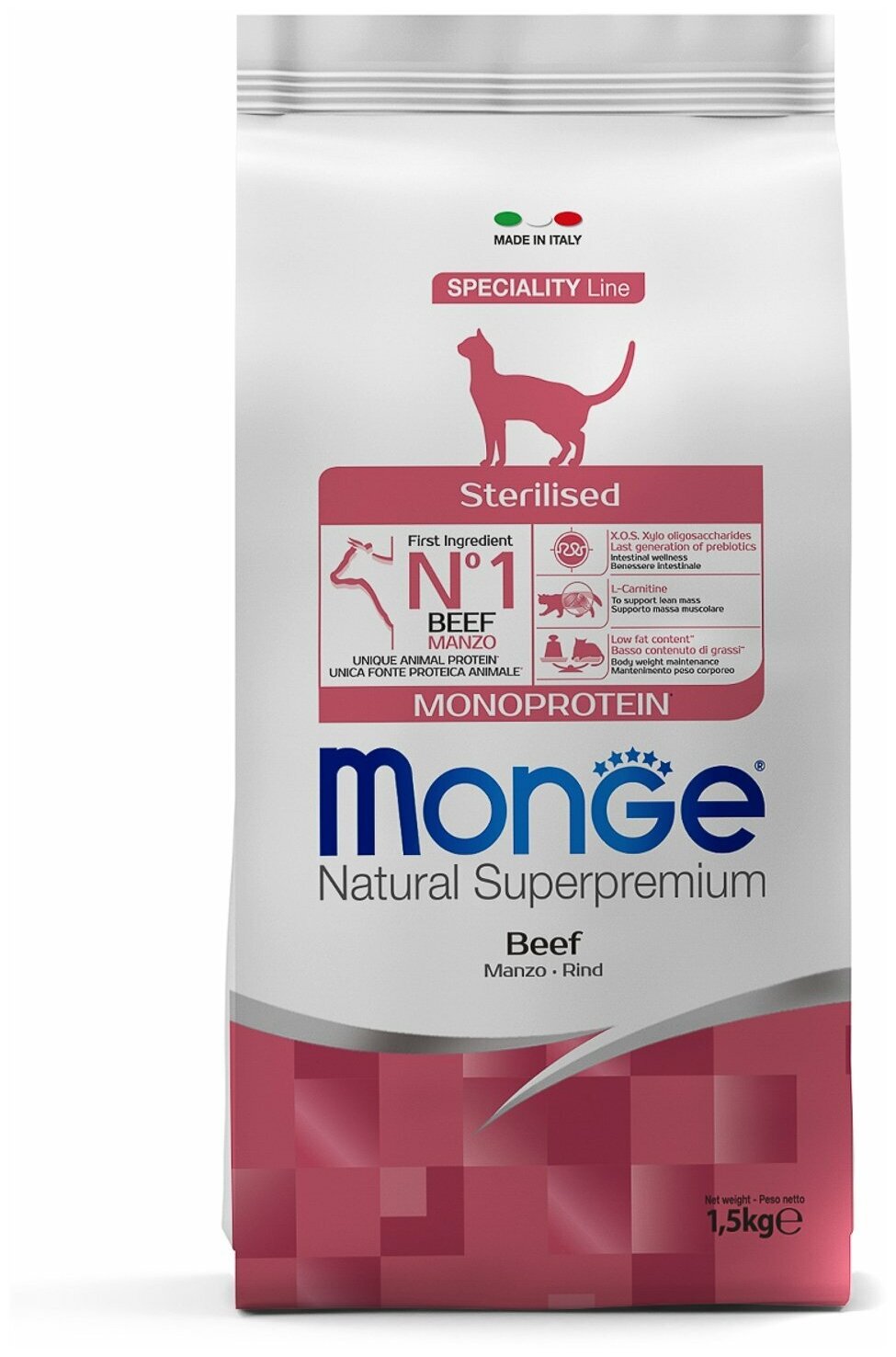 Сухой корм Monge Cat Speciality Line Monoprotein Sterilised для кошек, говядина, 1,5 кг