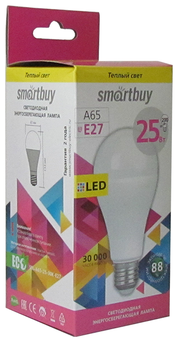 Светодиодная (LED) Лампа, Smartbuy A65-25W/3000/E27