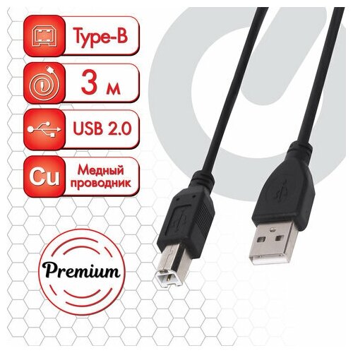 Кабель USB 2.0 AM-BM 3 м SONNEN Premium медь для подключения принтеров сканеров МФУ плоттеров экранированный черный, 2 шт кабель usb 2 0 am bm 1 5 м sonnen медь для подключения периферии черный 513118