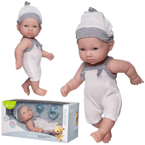 Пупс Junfa Pure Baby в белых с серыми вставками песочнике и шапочке, 30 см (WJ-22515)