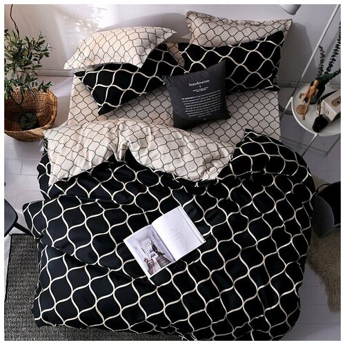 фото Комплект постельного белья grazia textile black wave, 2-х спальный, смесовая ткань, 2 наволочки 50х70, чёрный, бежевый, геометрический