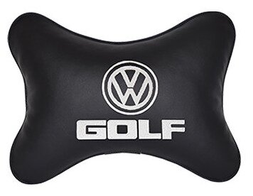 Автомобильная подушка на подголовник экокожа Black с логотипом автомобиля VOLKSWAGEN GOLF